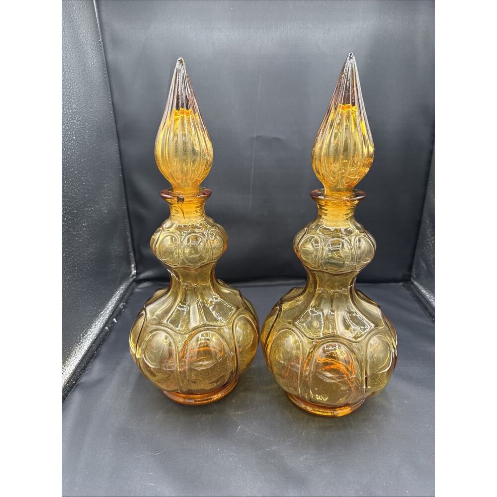 2 Empoli Italian Glass Corset Shape Amber Genie Bottle Vintage Decanter 14” Flam